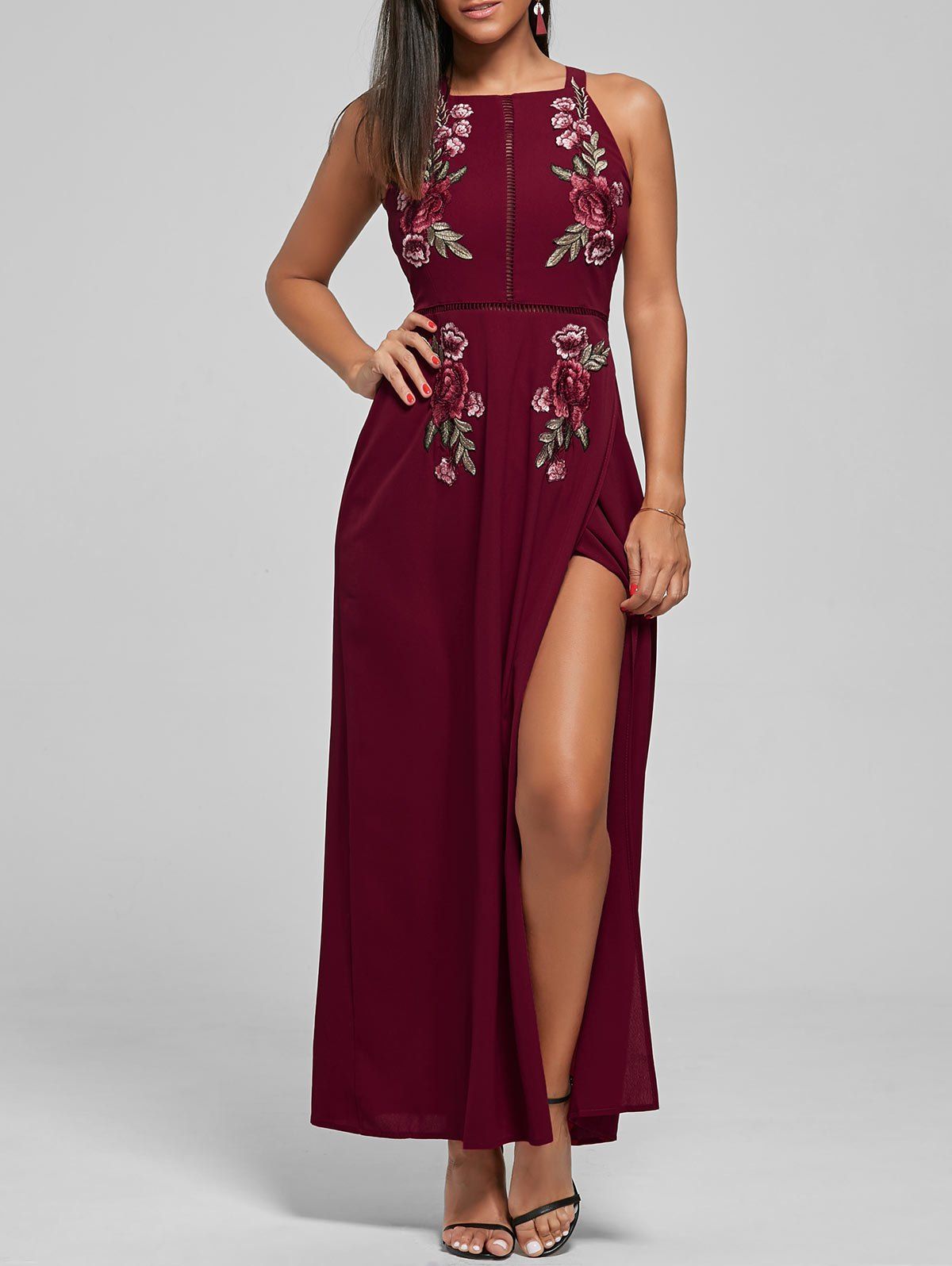 Latest Embroidered Backless Thigh High Slit Maxi Dress  