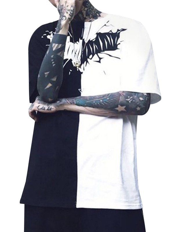 

Two Tone Crew Neck Printed Tee, White and black