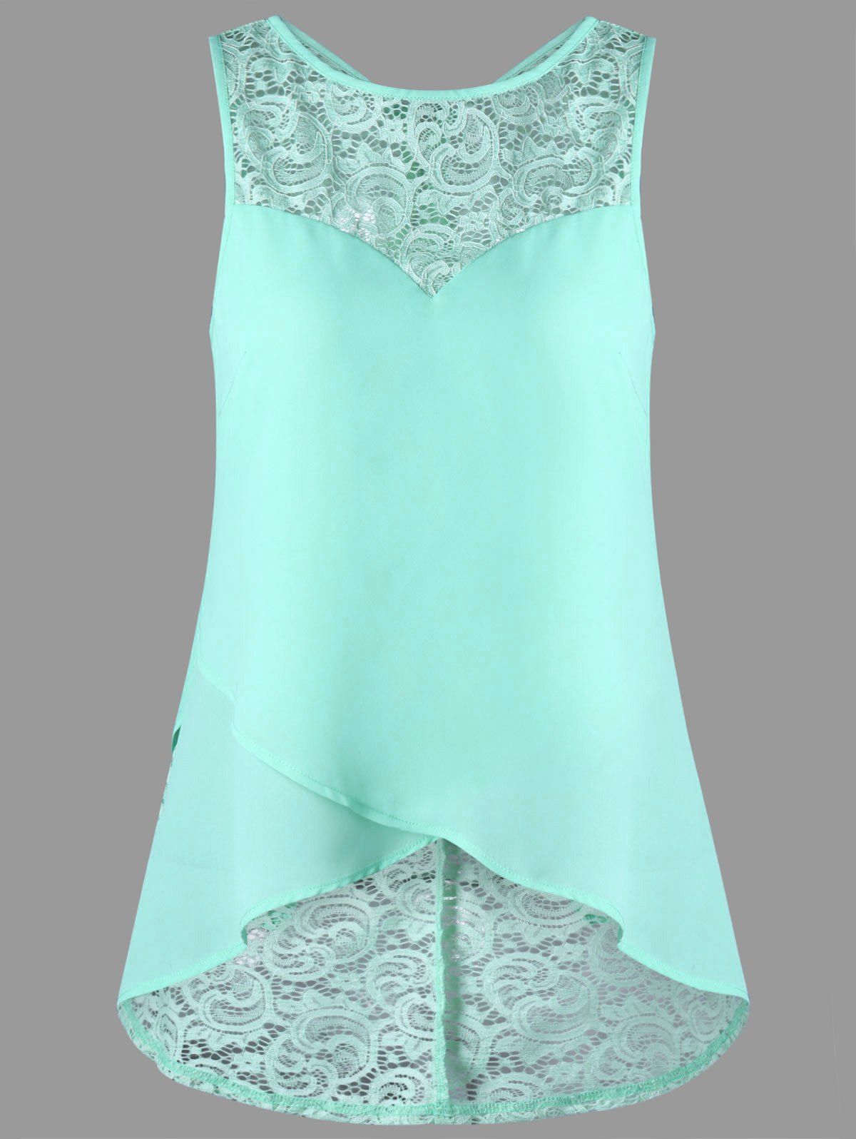 [16 OFF] Lace Panel Sleeveless High Low Blouse Rosegal