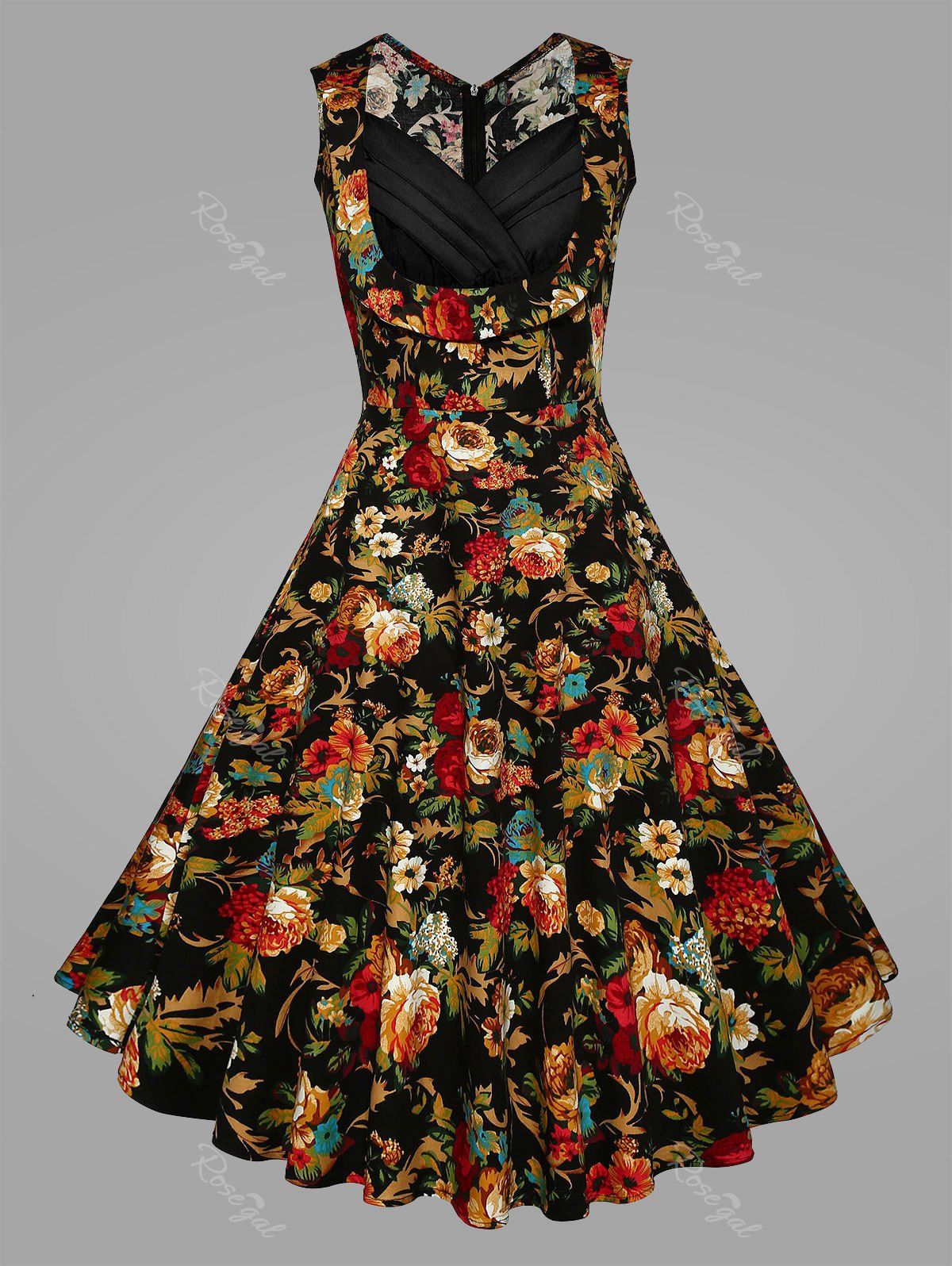 

Pleated Plus Size Floral Vintage Swing Dress, Black