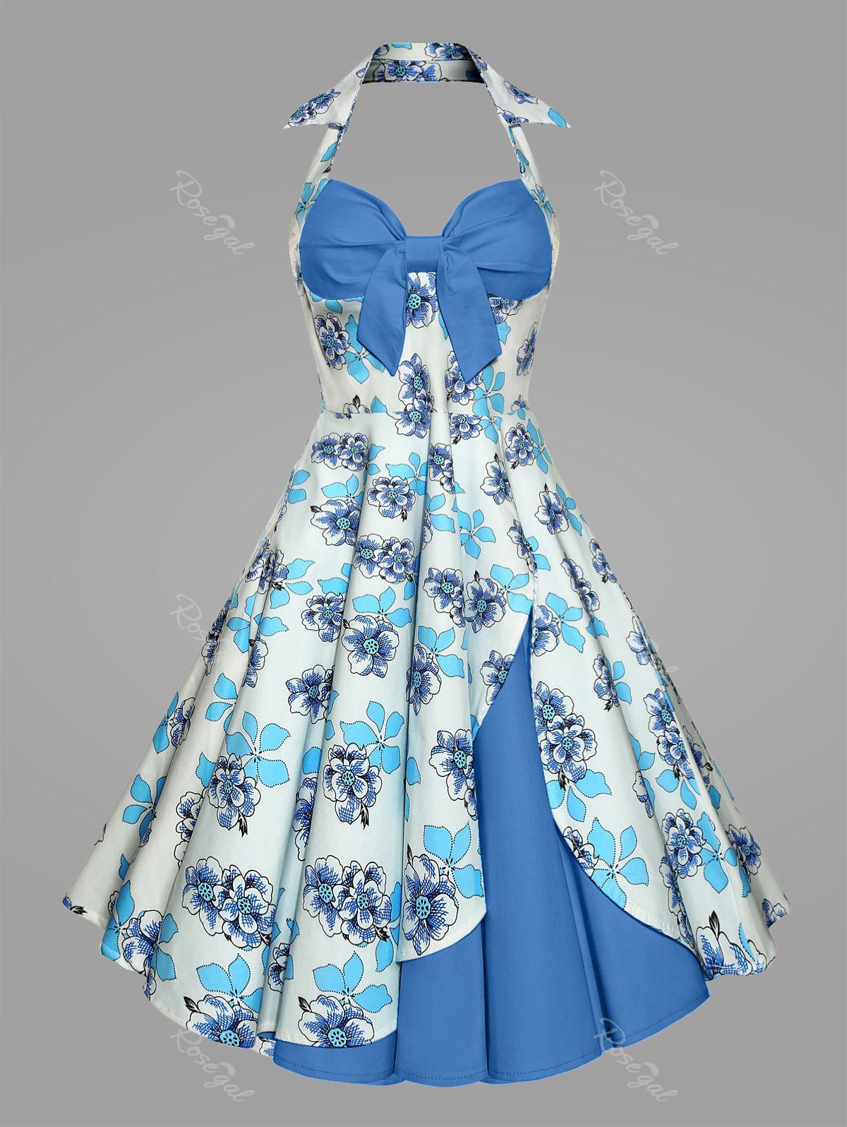 

Plus Size Print Halter 50S Vintage Ball Dress, Blue