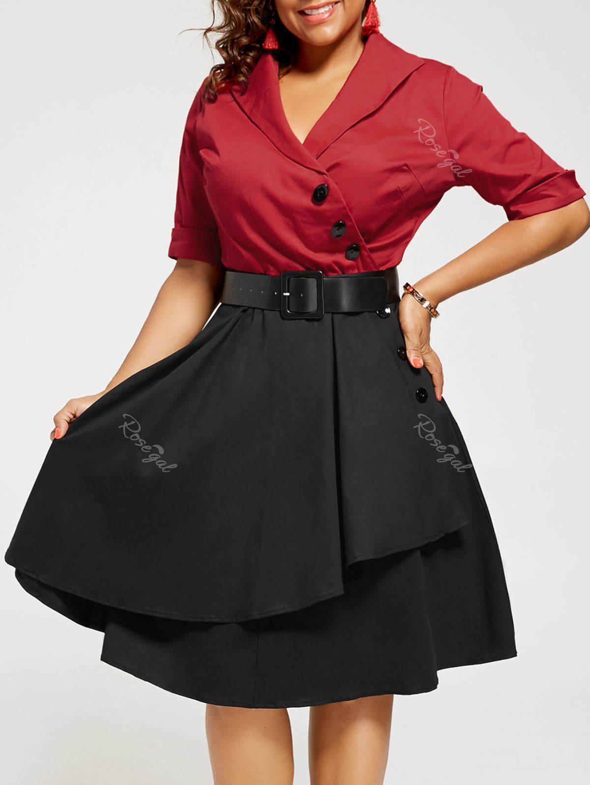 

Plus Size Two Tone A Line Vintage Dress, Red