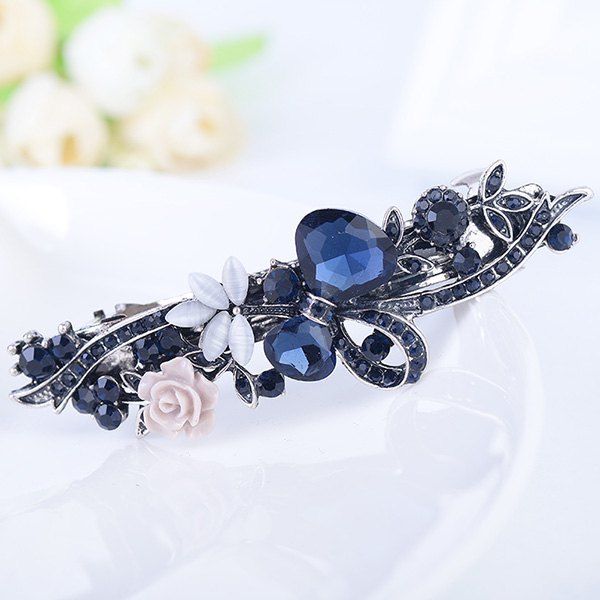 

Floral Rhinestone Inlay Tiny Rose Embellished Barrette, Blue