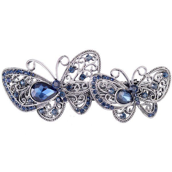 

Double Butterfly Hollow Out Faux Gem Barrette, Blue