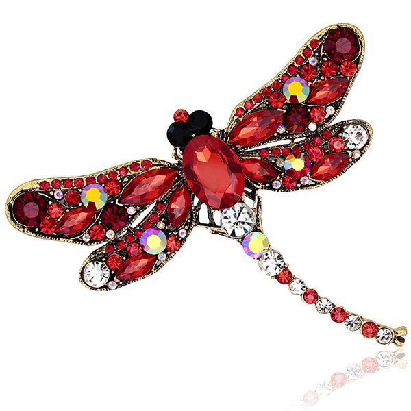 

Faux Gem Inlaid Dragonfly Design Vintage Brooch, Red