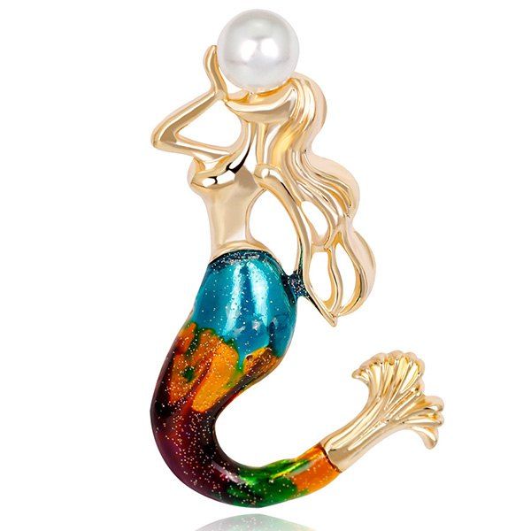 

Artificial Pearl Plated Mermaid Shape Brooch, Golden