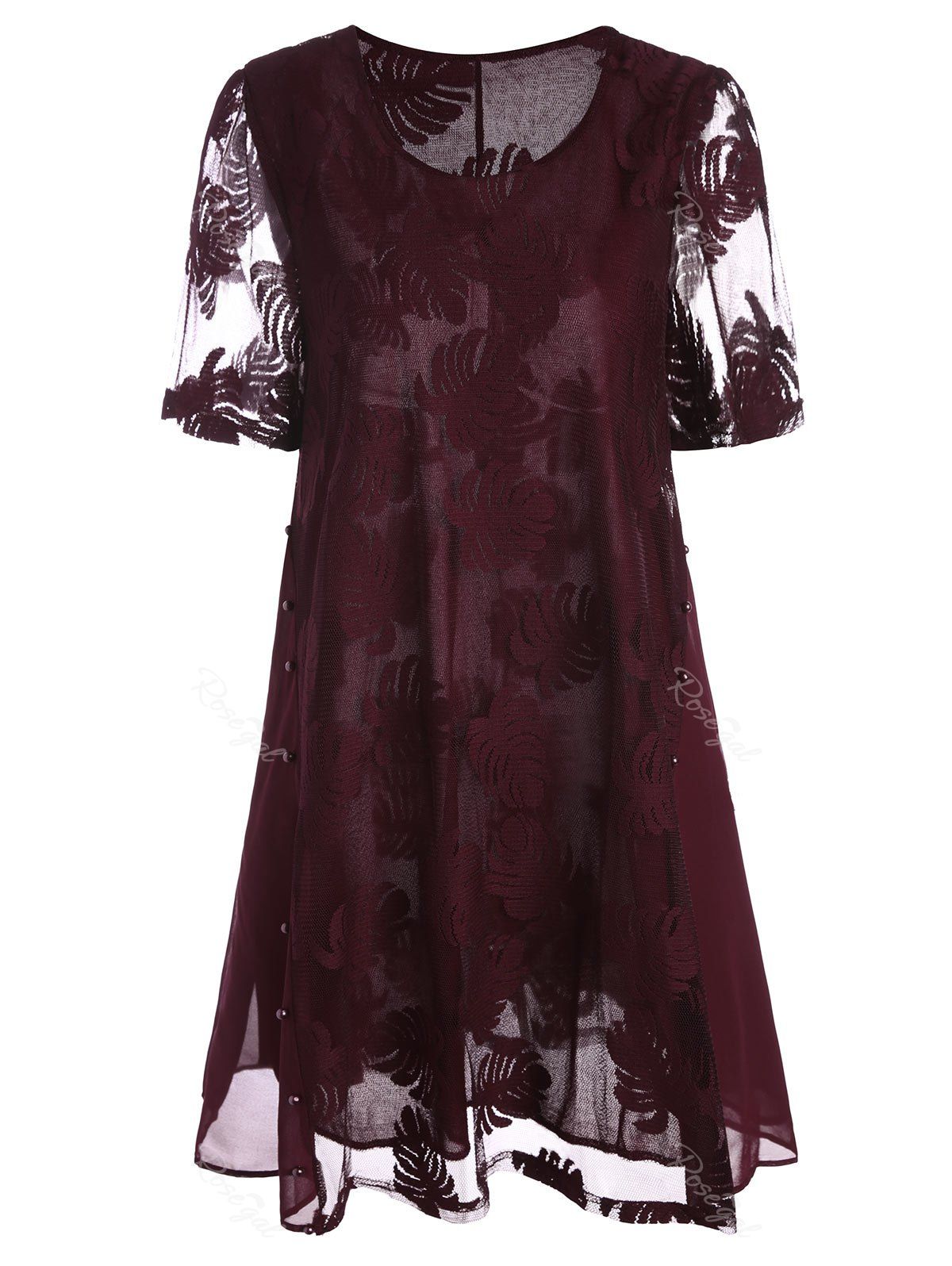

Mesh Trim Beaded Long Plus SizeTop, Wine red