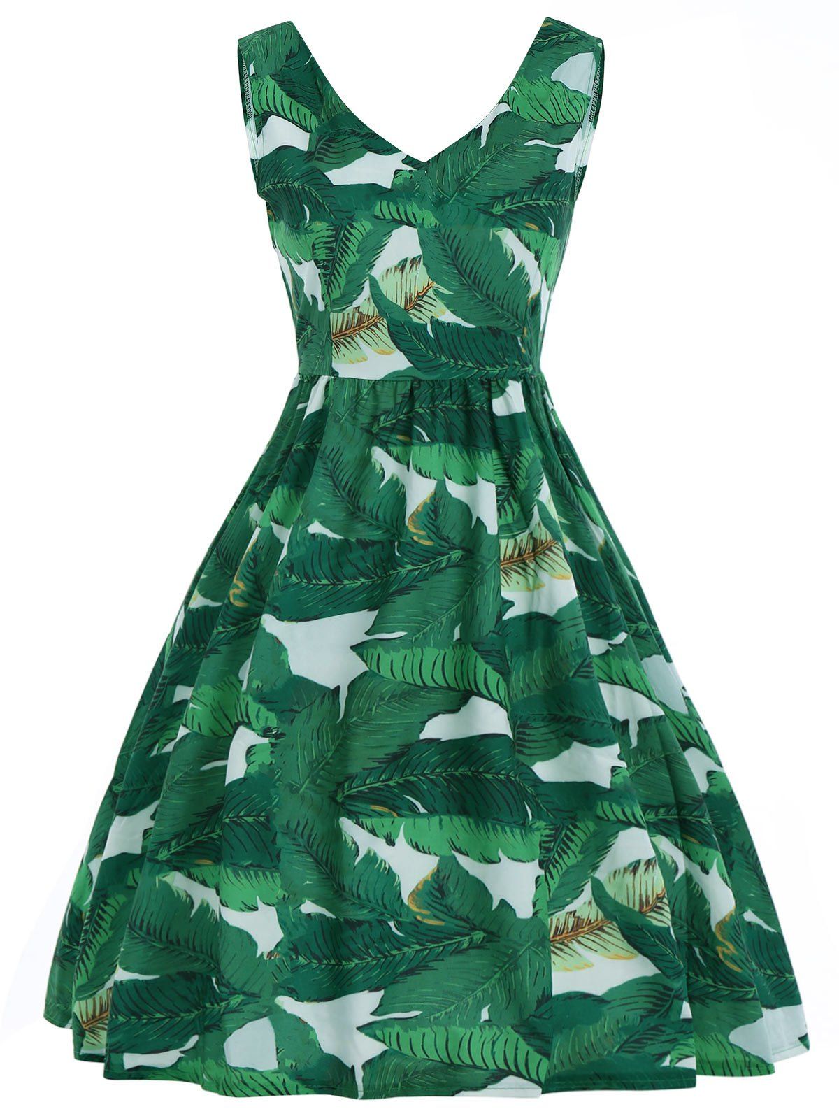 [11% OFF] V Neck Tropical Leaf Print A Line Dress | Rosegal