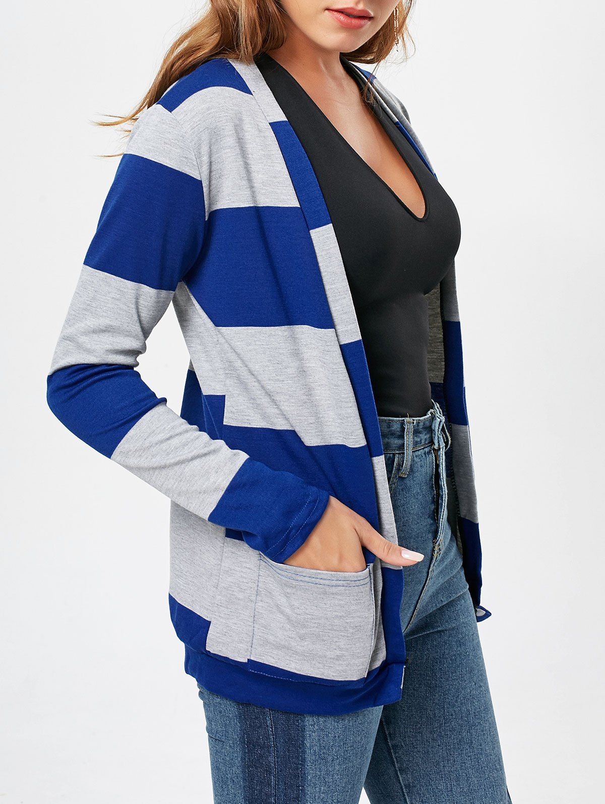 

Stylish Broad Striped Long Sleeve Cardigan For Women, Blue