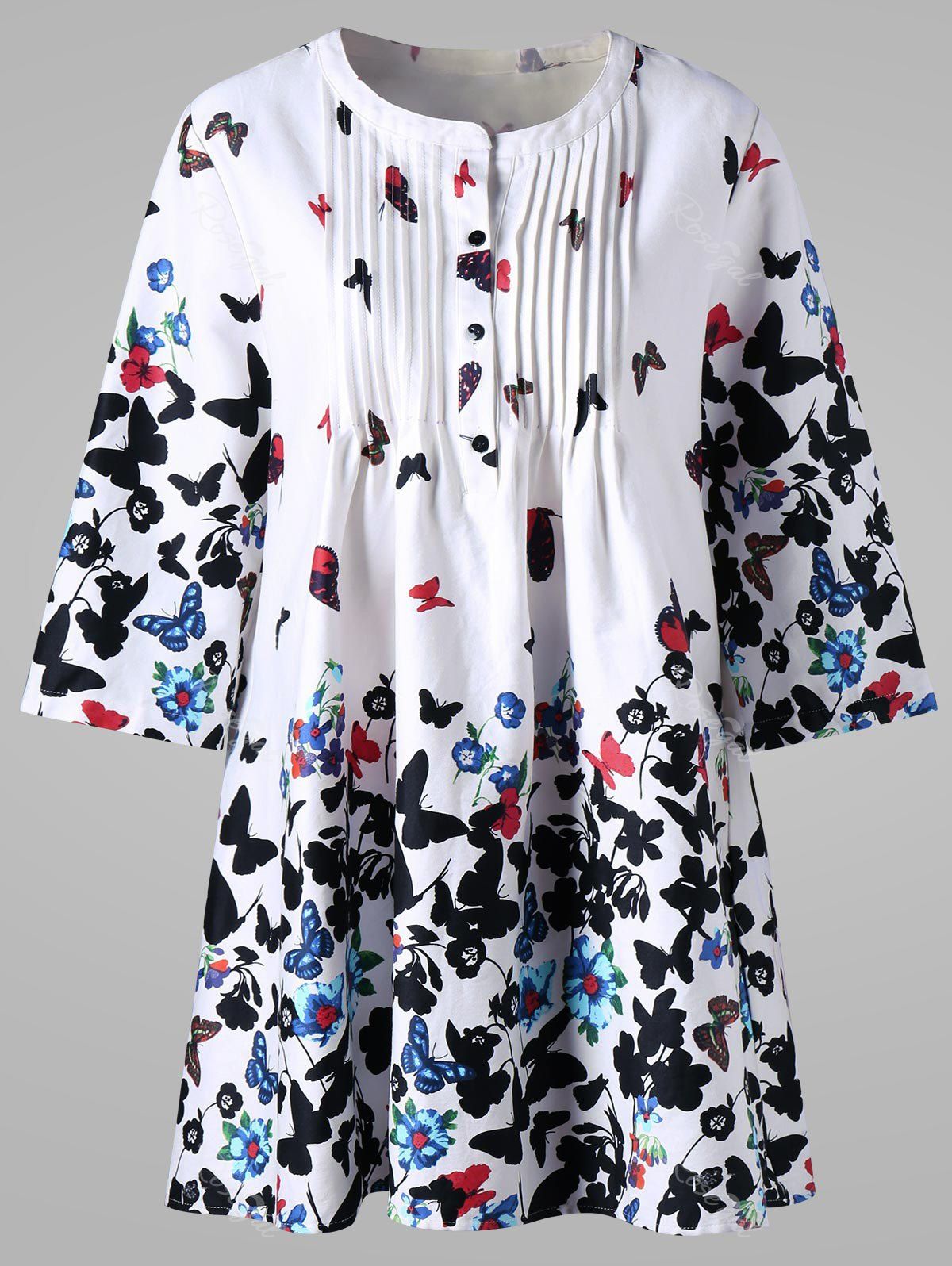 

Plus Size Pintuck Butterfly Print Smock Blouse, White