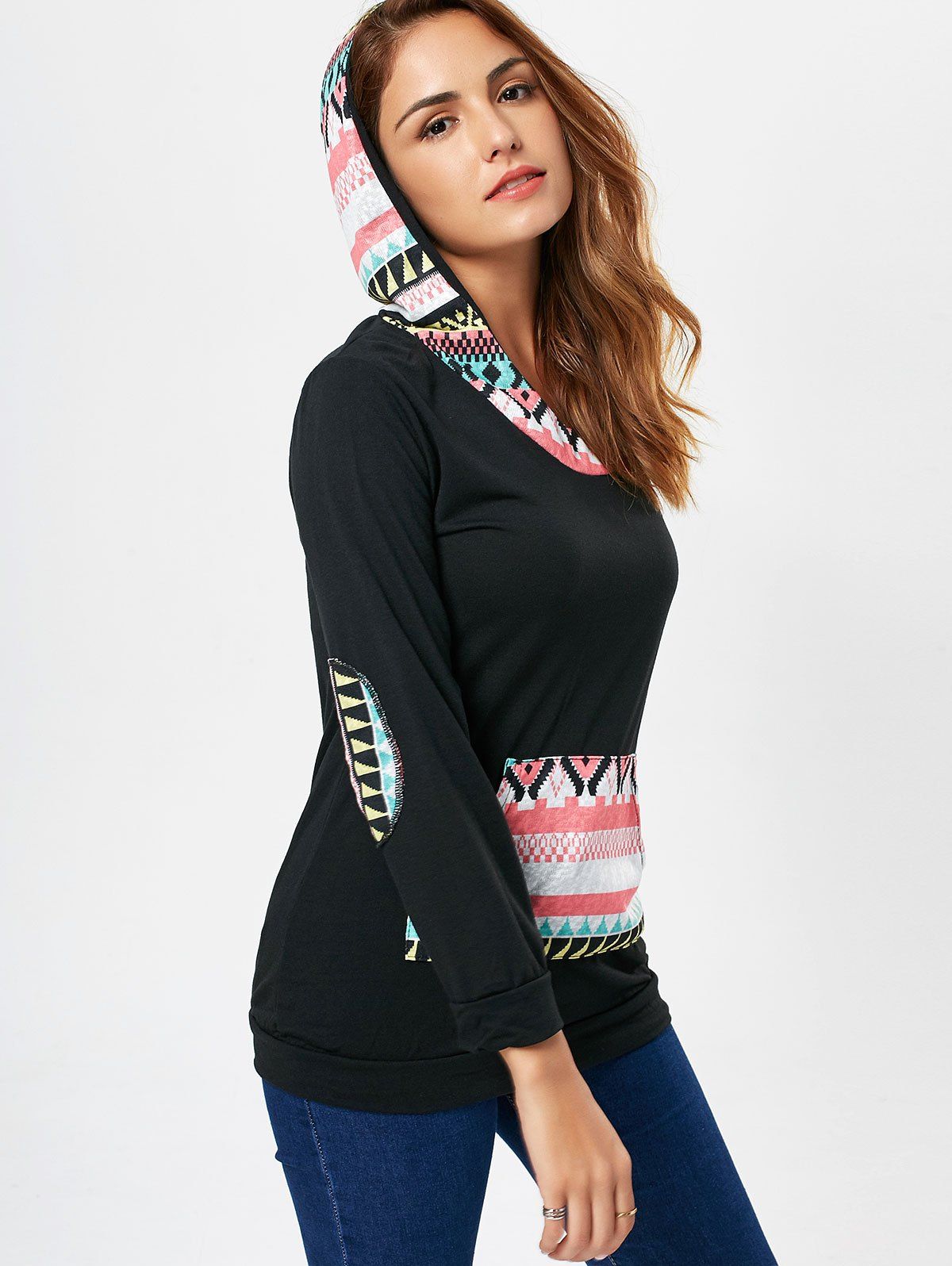 

Vintage Hooded Printed Long Sleeve T-Shirt For Women, Black