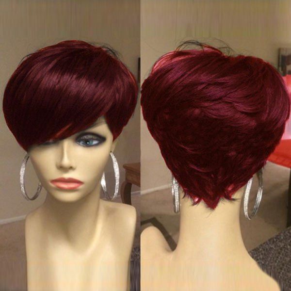 

Short Oblique Bang Shaggy Layered Straight Synthetic Wig, Wine red