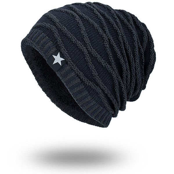 

Wave Striped Velvet Lining Knitted Warm Beanie, Cadetblue