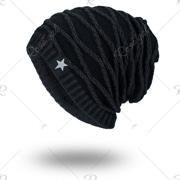 

Wave Striped Velvet Lining Knitted Warm Beanie, Full black
