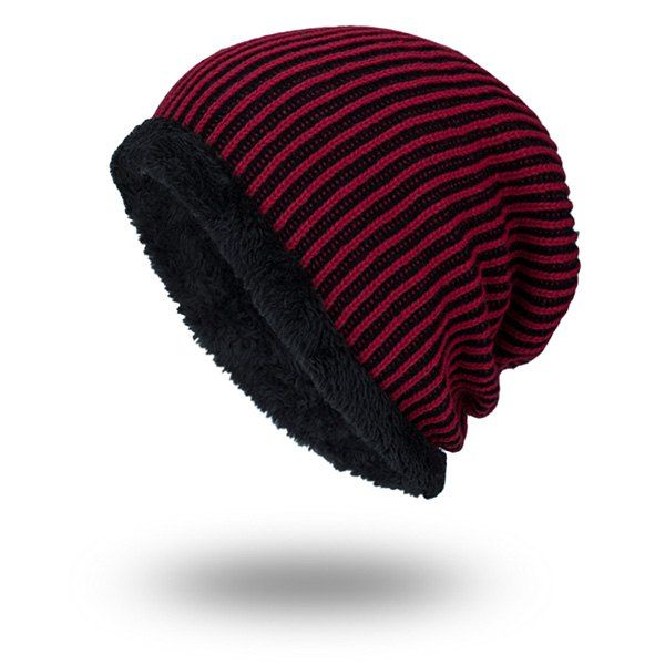 

Stripe Velvet Lining Knitted Warm Beanie, Red