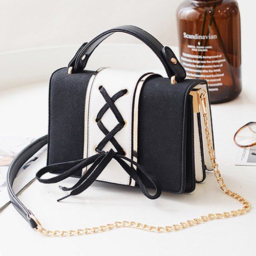 

Lace Up Suede Panel Crossbody Bag, Black