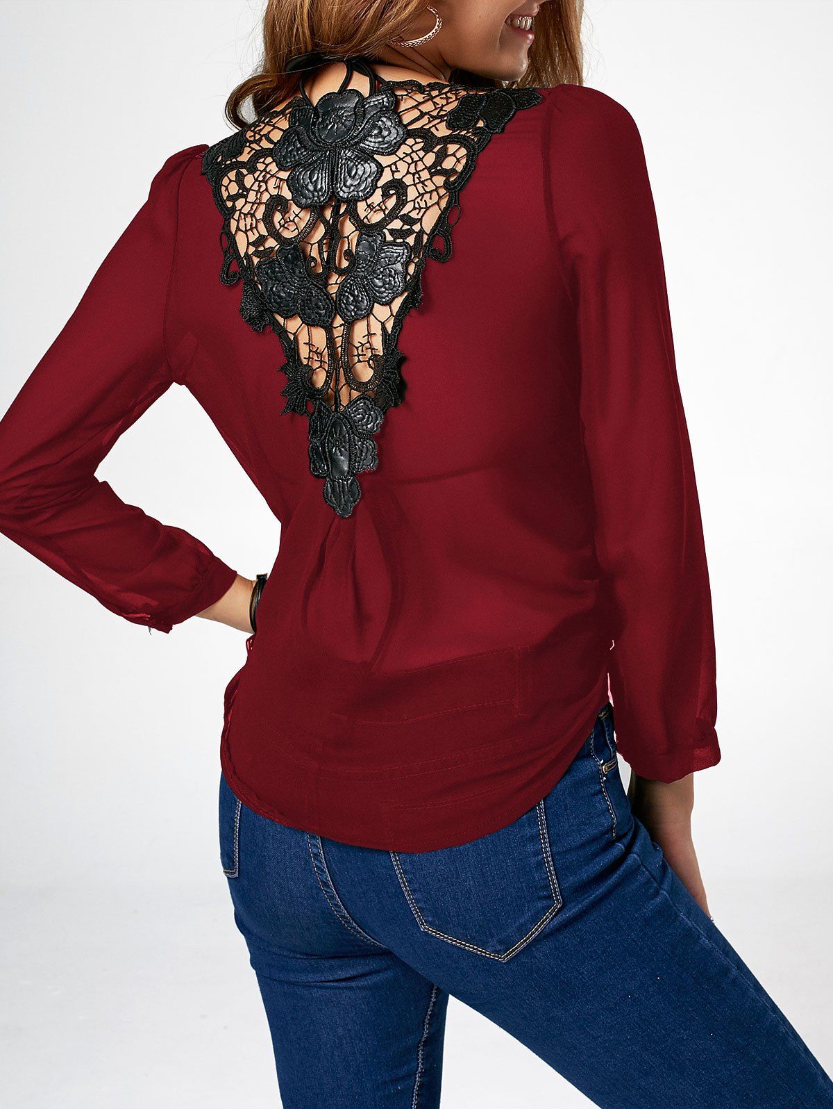 

Lace Trim Asymmetric Chiffon Long Sleeve Blouse, Wine red