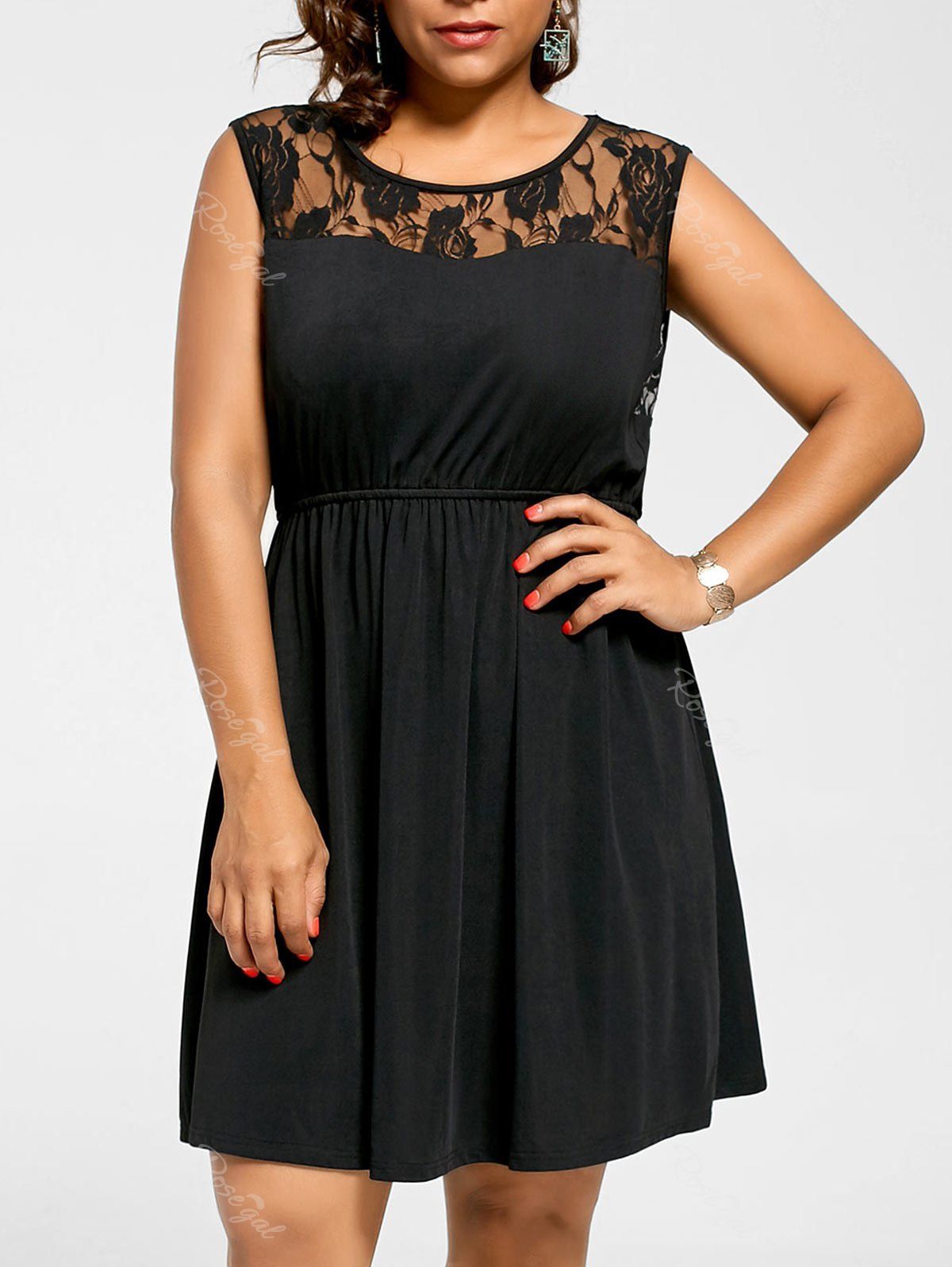 

Sleeveless Plus Size Lace Yoke Skater Dress, Black
