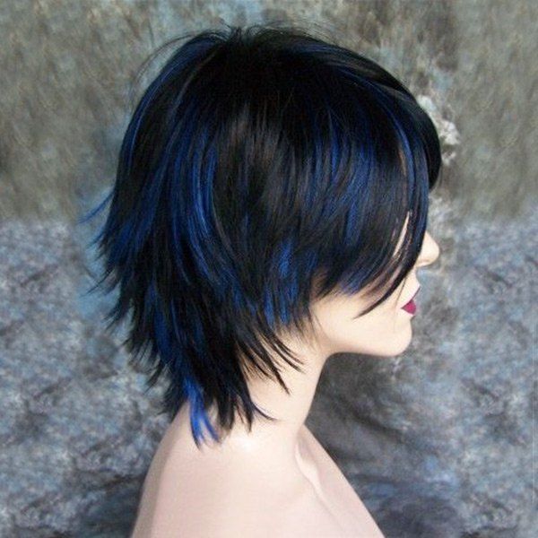 

Side Bang Short Highlight Straight Synthetic Wig, Blue and black