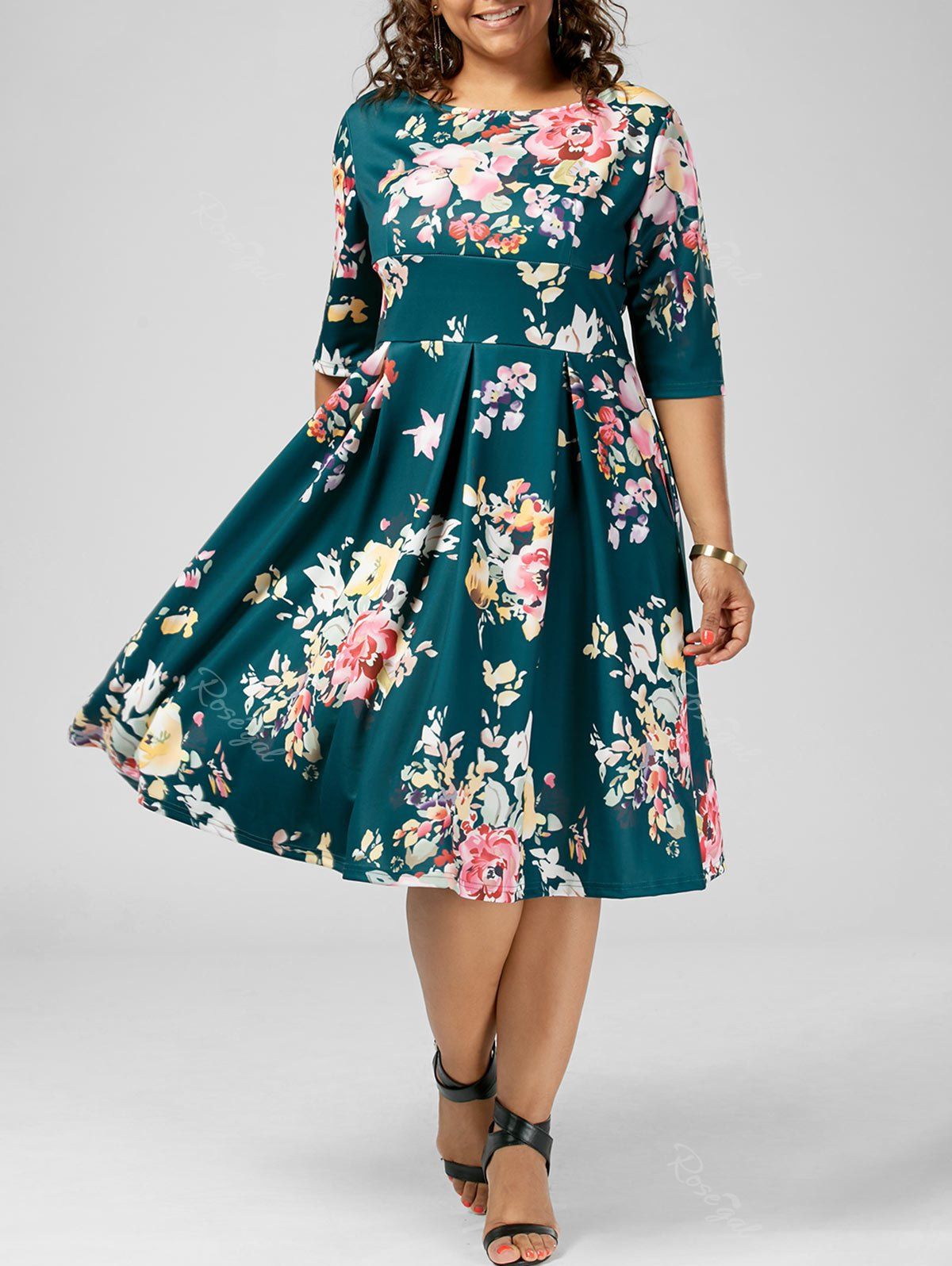 

High Waisted A Line Floral Plus Size Dress, Multi