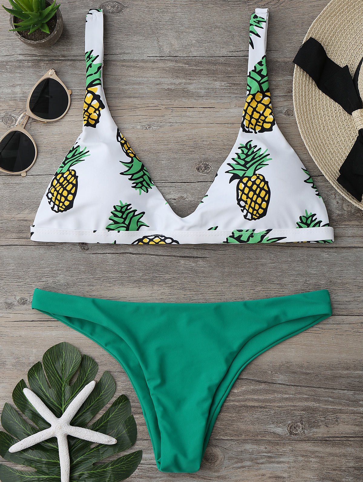 

Pineapple Print High Cut Bikini Set, Green