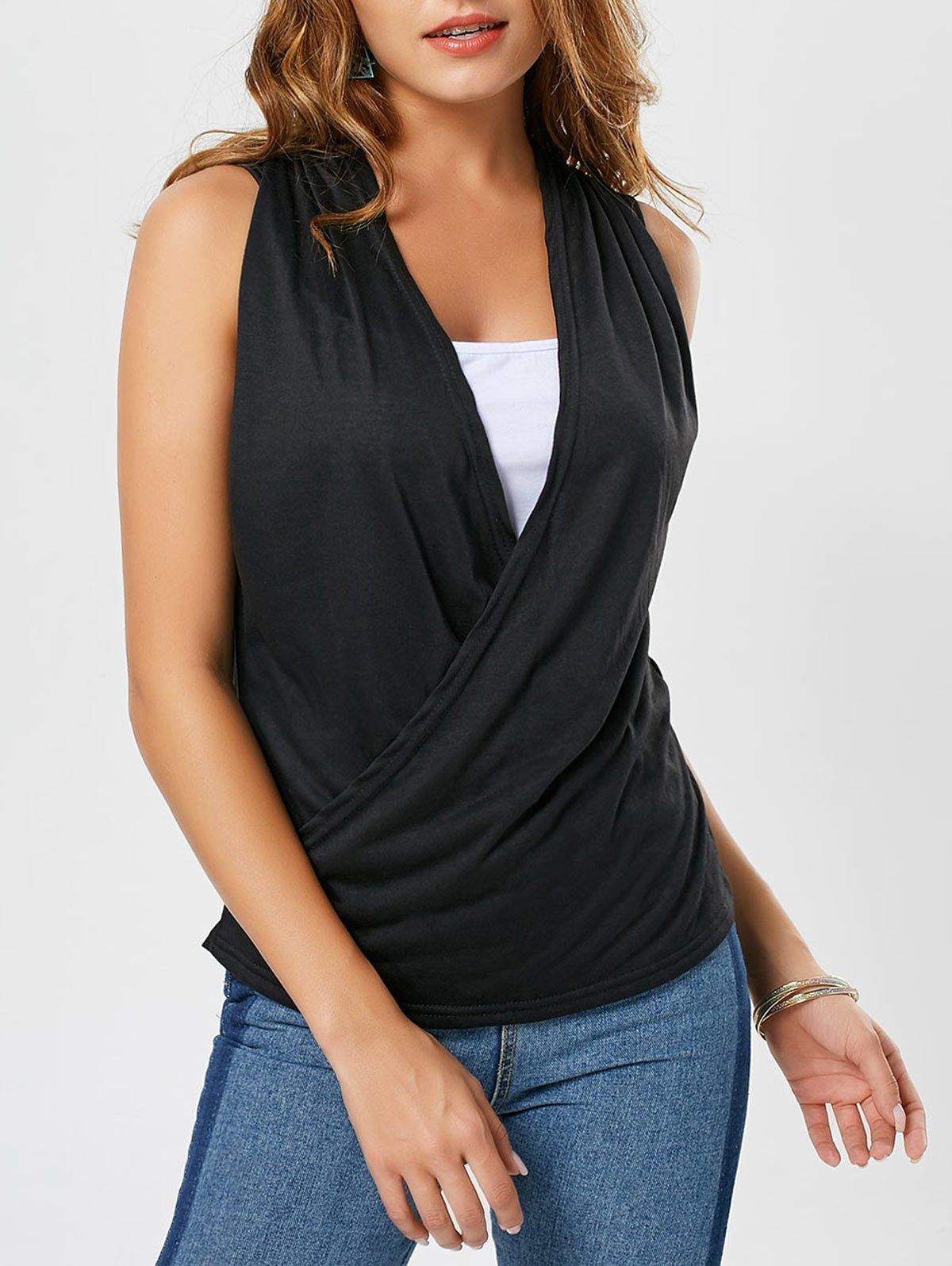 

Casual Two Tone Surplice Sleeveless Top, Black