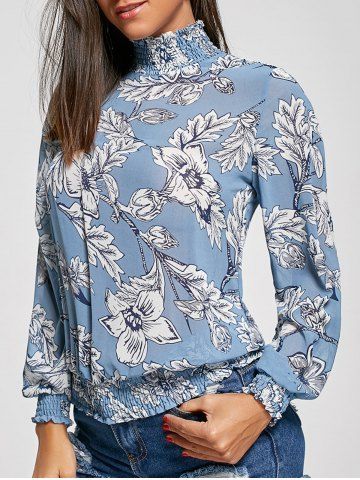 Mock Neck Floral Chiffon Top Bleu M