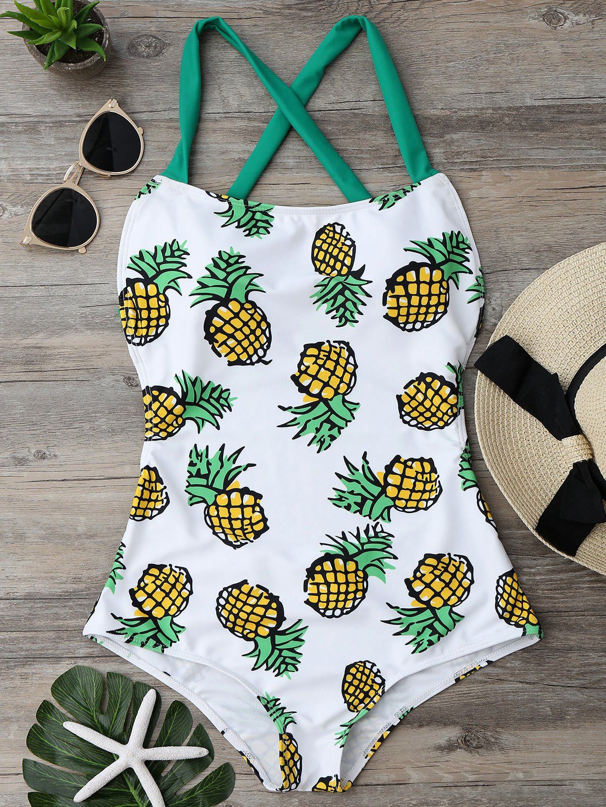 

Cross Back Pineapple One Piece Swimsuit, Colormix
