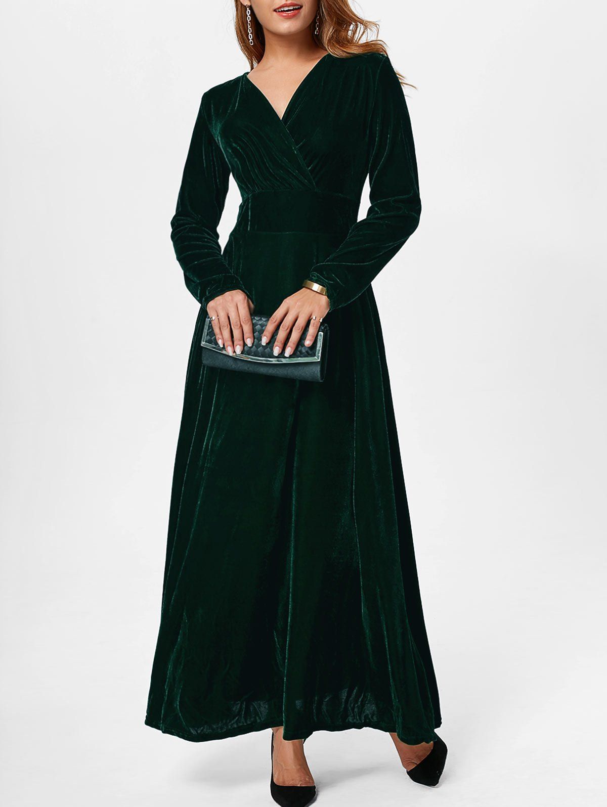 

Elegant V-Neck Long Sleeve Maxi Velvet Dress For Women, Blackish green