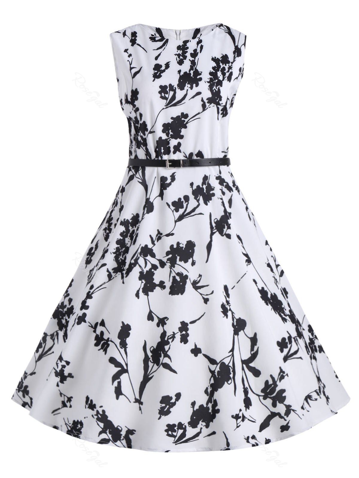 

Plus Size Floral Midi Vintage Dress with Belt, White