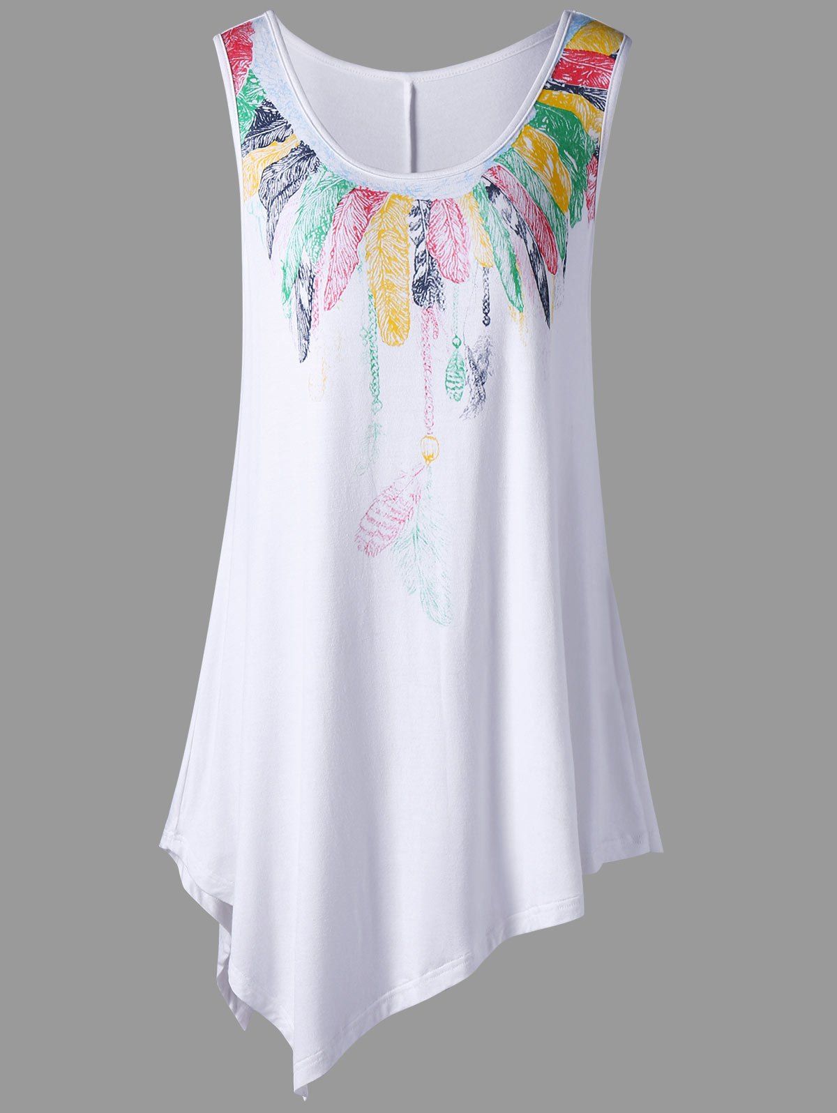 

Plus Size Feather Print Asymmetrical Tunic Top, White