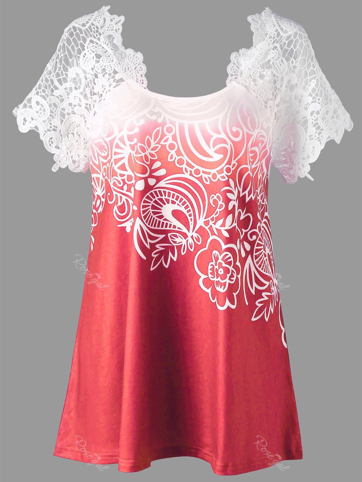 

Lace Panel Raglan Sleeve Floral Plus Size Top, Watermelon red