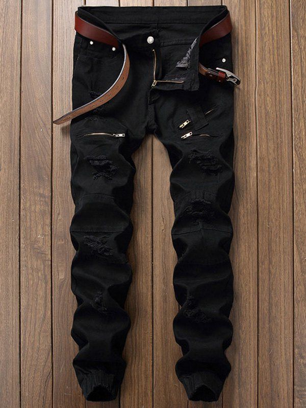 

Distressed Zipper Fly Panel Design Beam Feet Jeans, Black