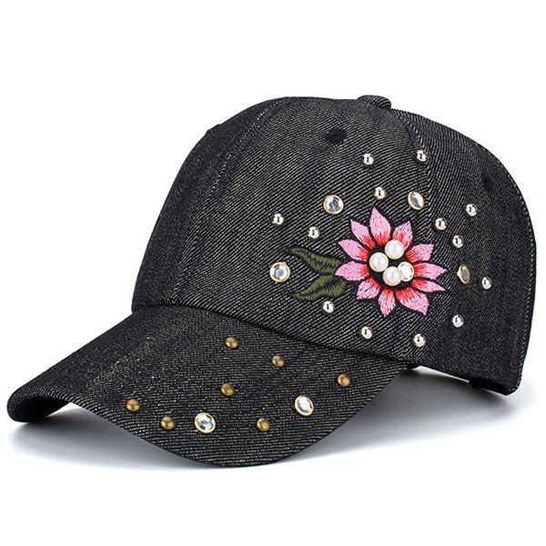 

Floral Embroidered Rhinestone Rivet Baseball Hat, Black