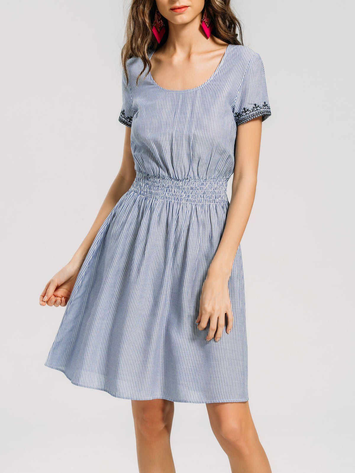 

Stripes Smocked Embroidered Casual Dress, Stripe