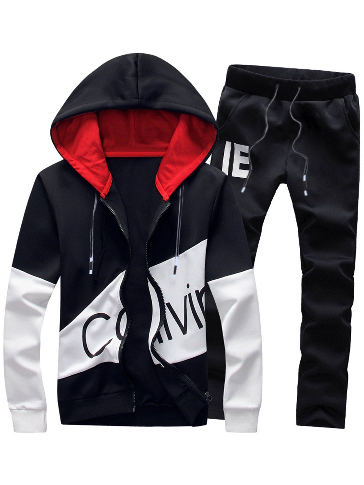 

Graphic Color Block Panel Hoodie and Pants Twinset, Black