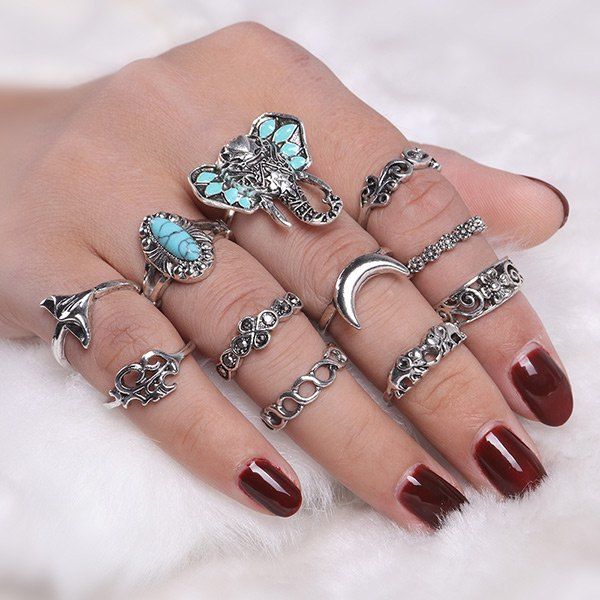 

Bohemian Elephant Flower Moon Ring Set, Silver