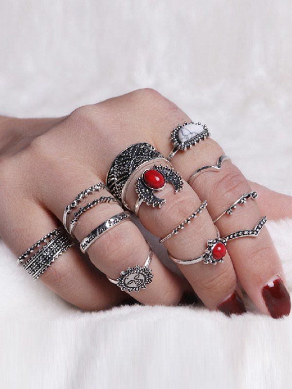 

Vintage Sun Round Moon Ring Set, Silver