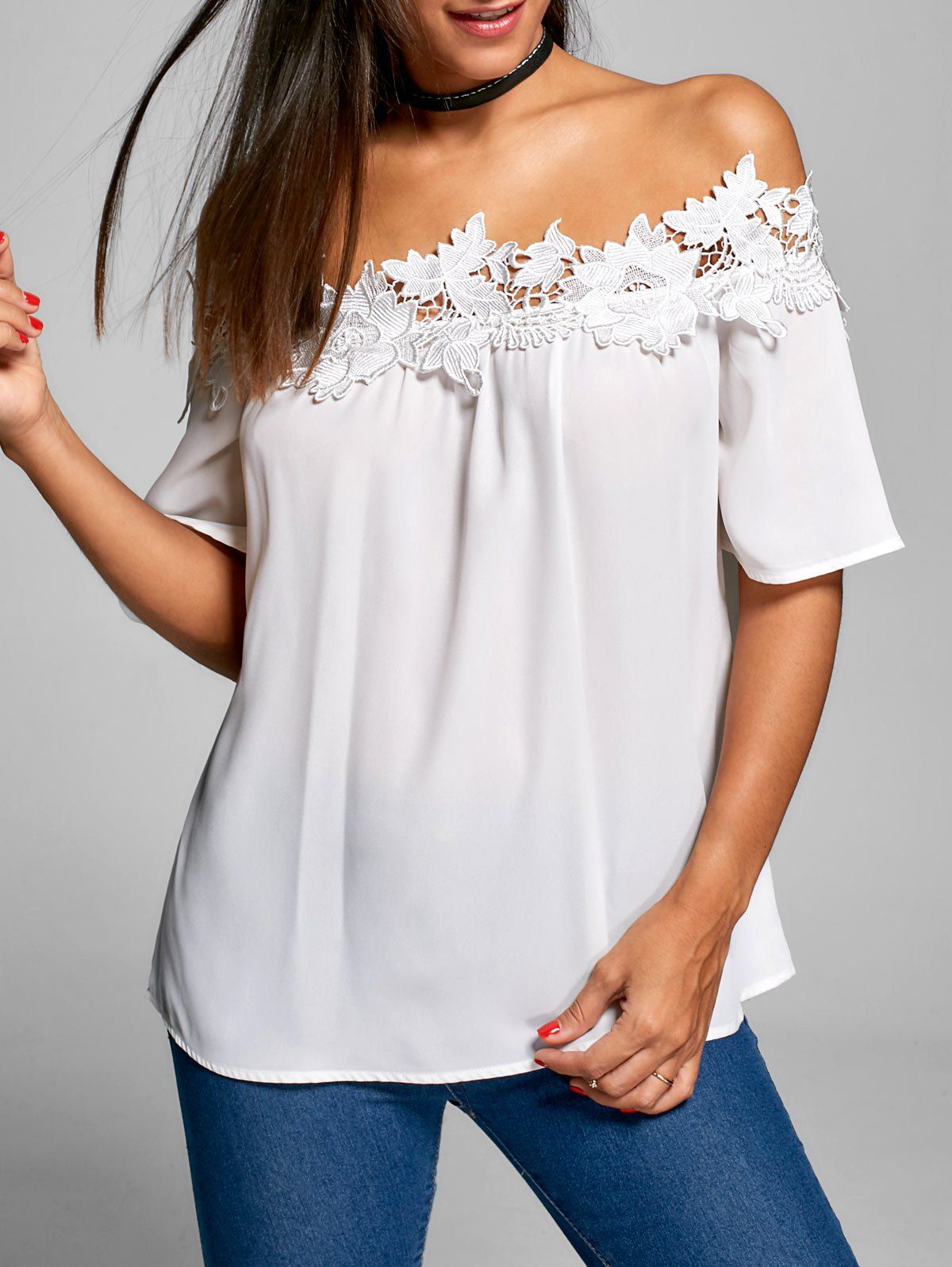 

Applique Smocked Off The Shoulder Blouse, White