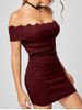 Off Shoulder Knitted Scalloped Tight Bodycon Dress -  