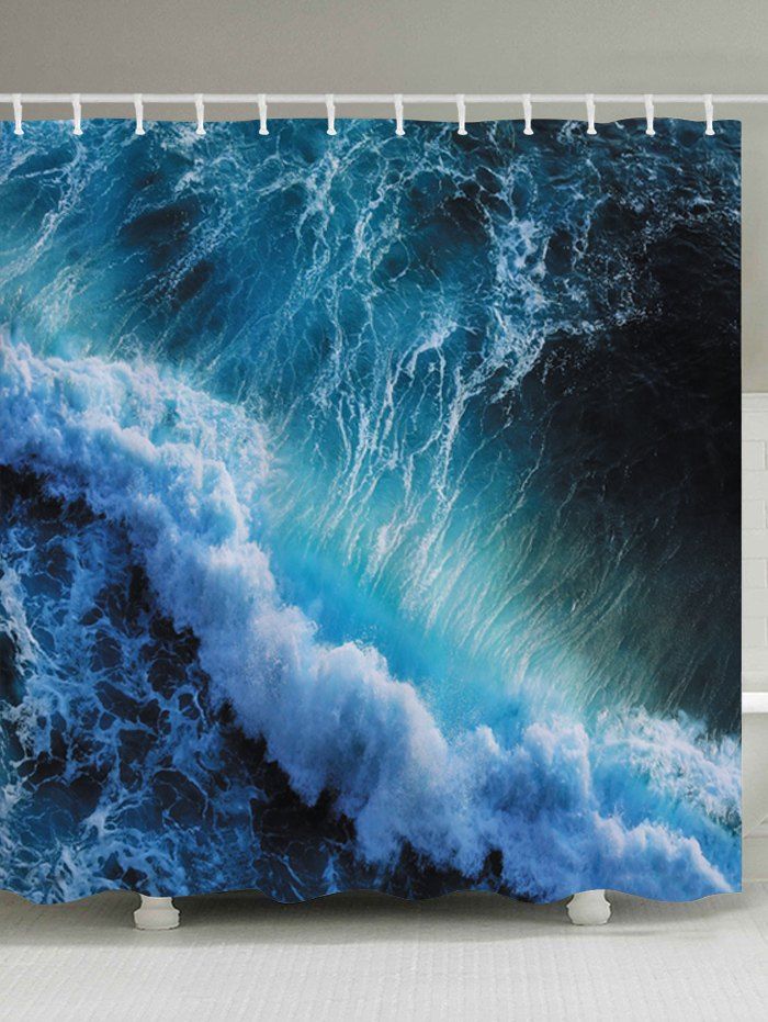 

Ocean Wave Print Fabric Waterproof Bathroom Shower Curtain, Ocean blue