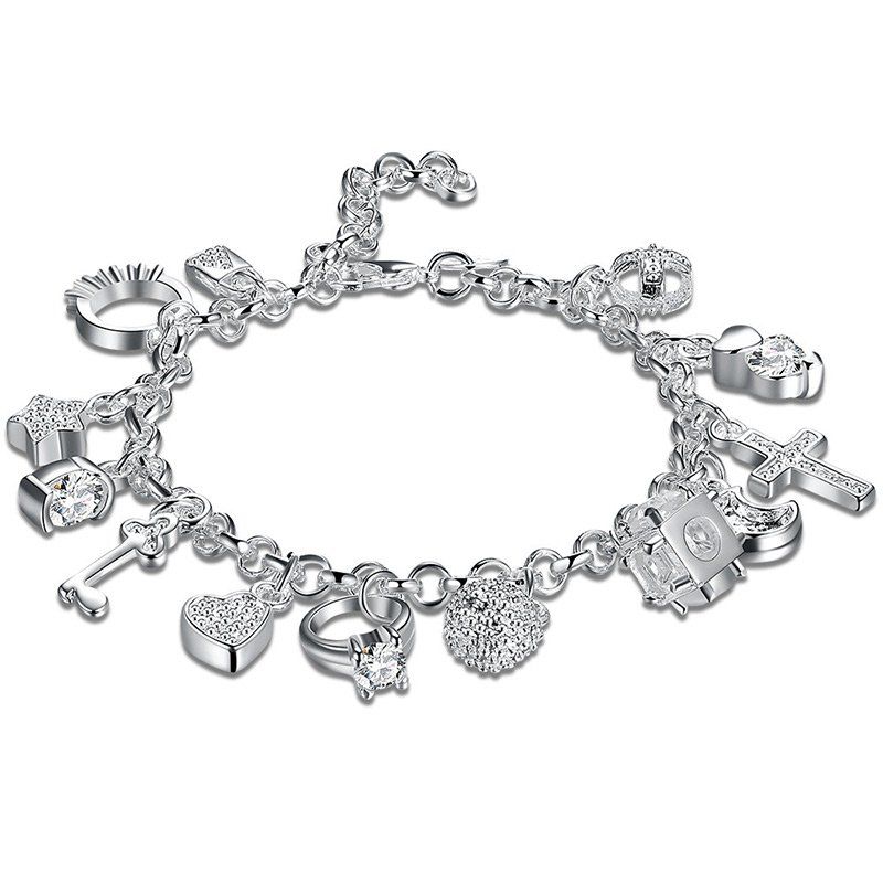 

Cross Heart Moon Ball Charm Bracelet, Silver