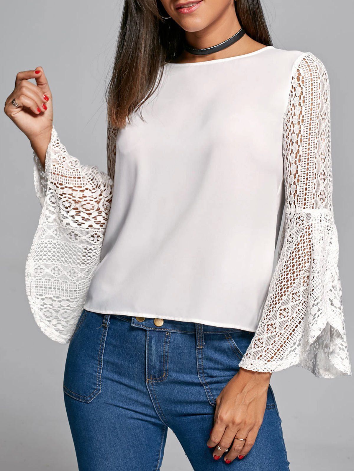  15 OFF Flare Sleeve Lace Trim Blouse Rosegal