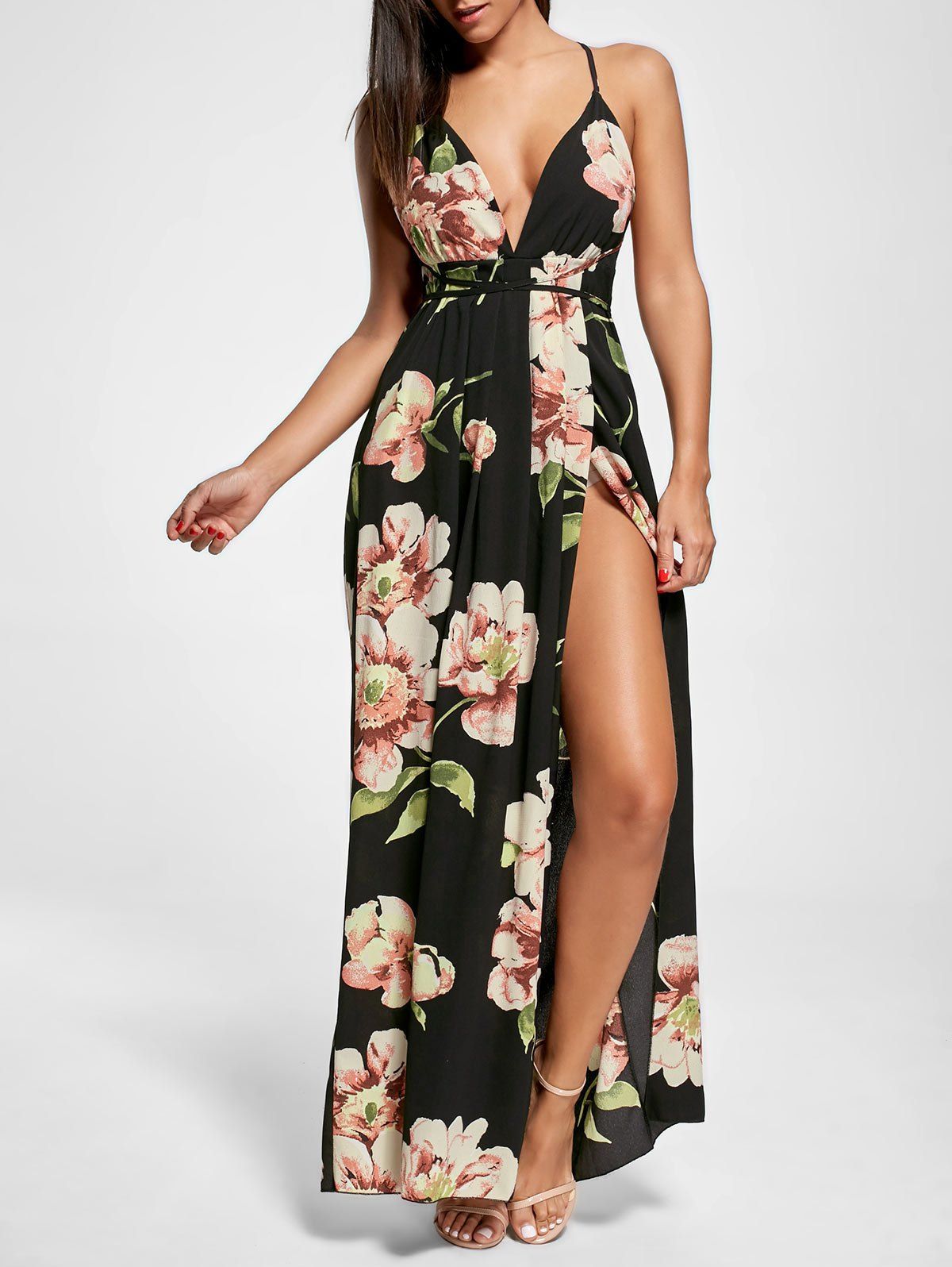 

Floral Slit Backless Maxi Slip Plunge Dress, Black