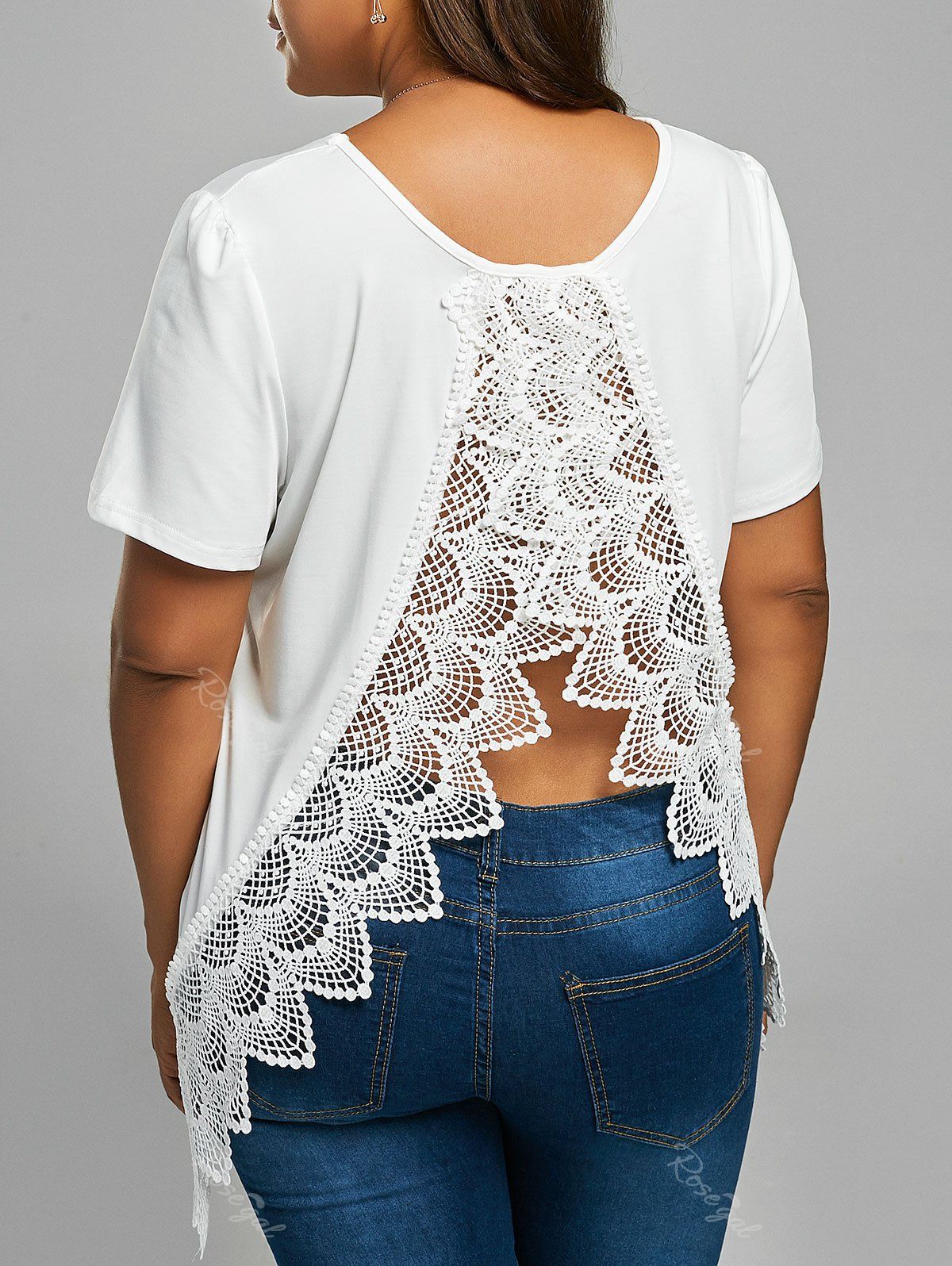 

Plus Size Back Lace Insert Slit T-shirt, White