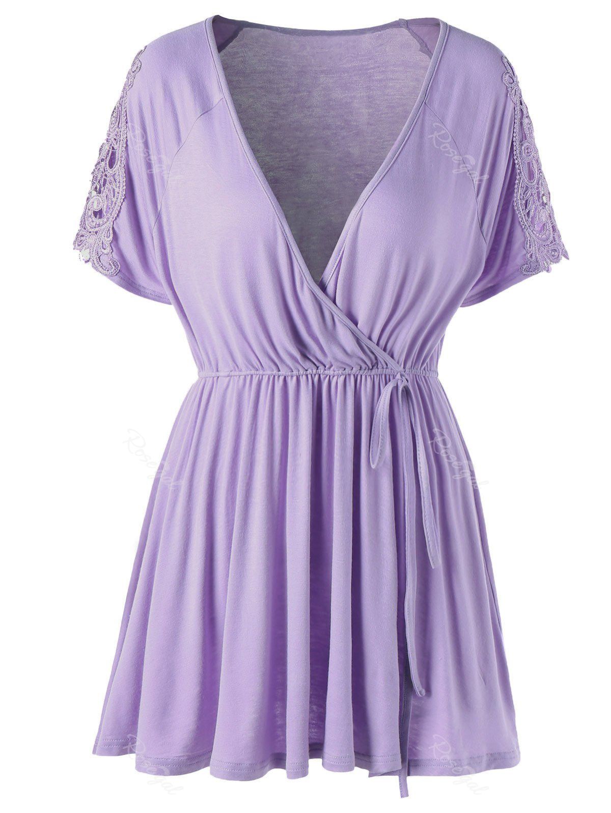 

Plus Size Lace Trim Longline Peplum Top, Purple