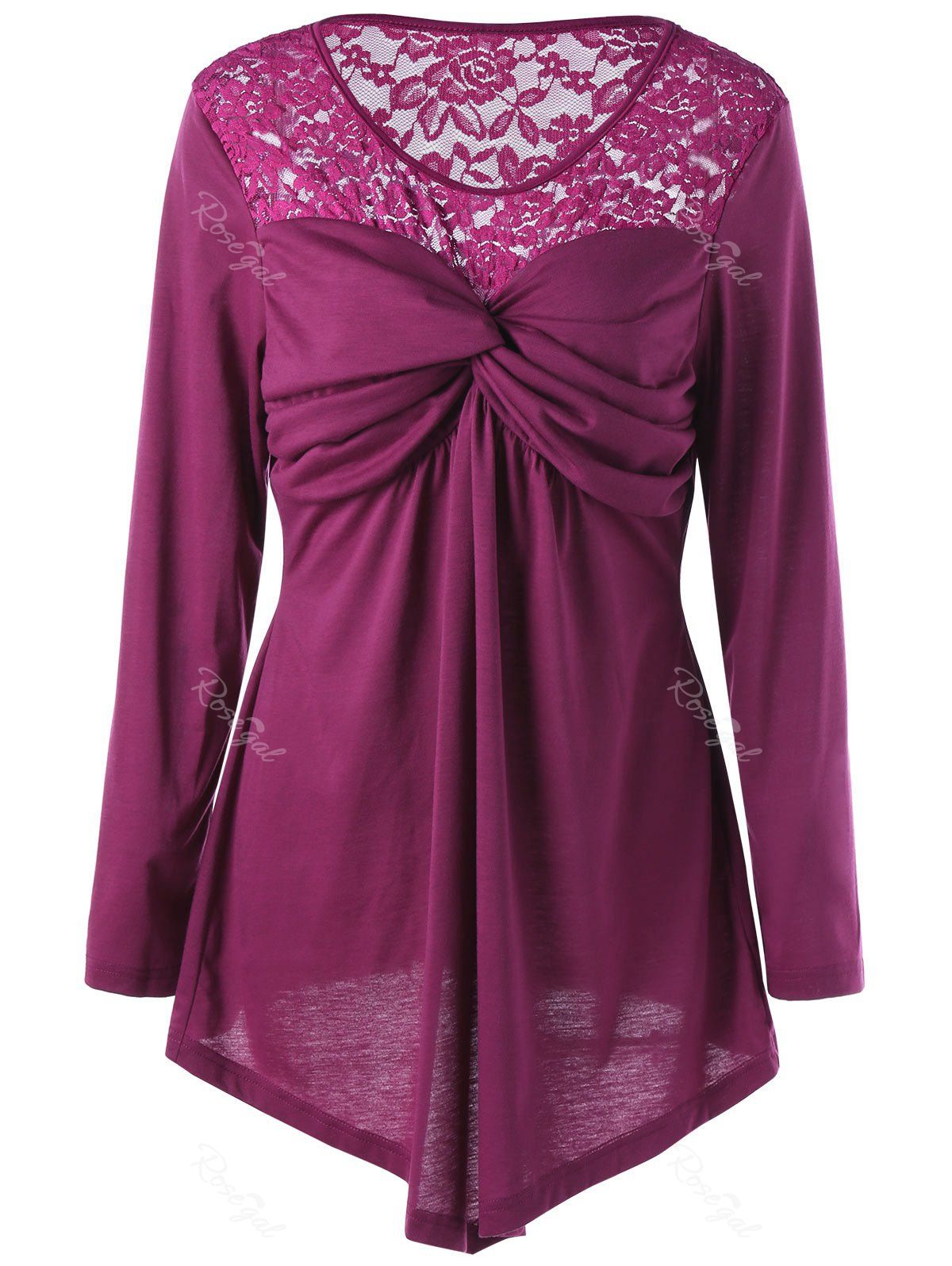 

Plus Size Lace Yoke Twist Front Blouse, Purplish red