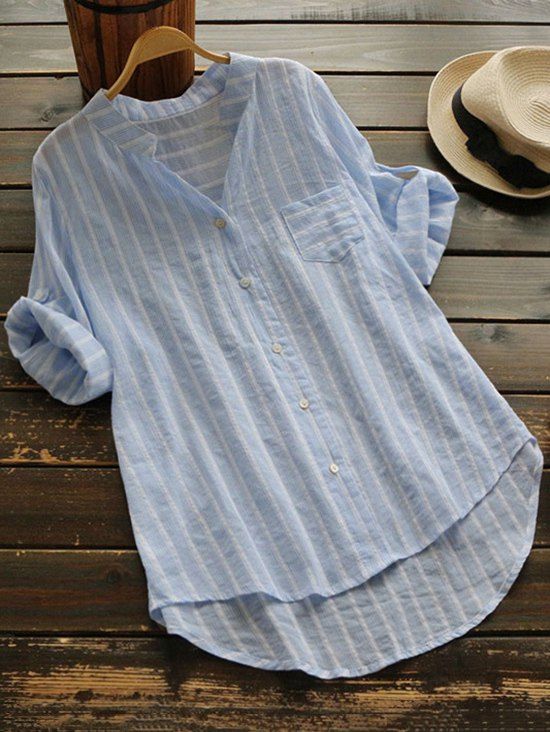 

Button Up Striped Blouse with Pocket, Light blue
