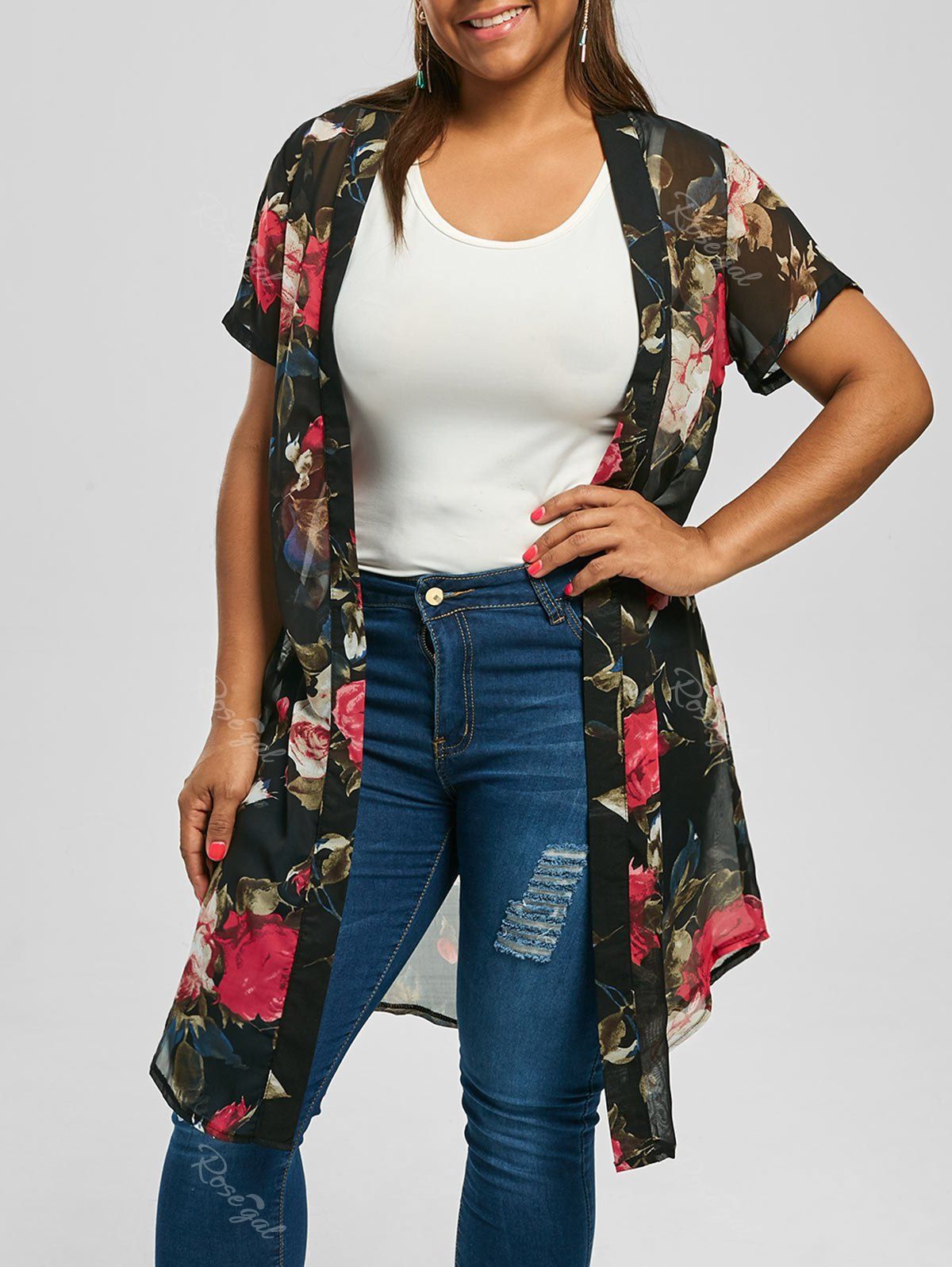 

Floral Long Plus Size Kimono Top, Black