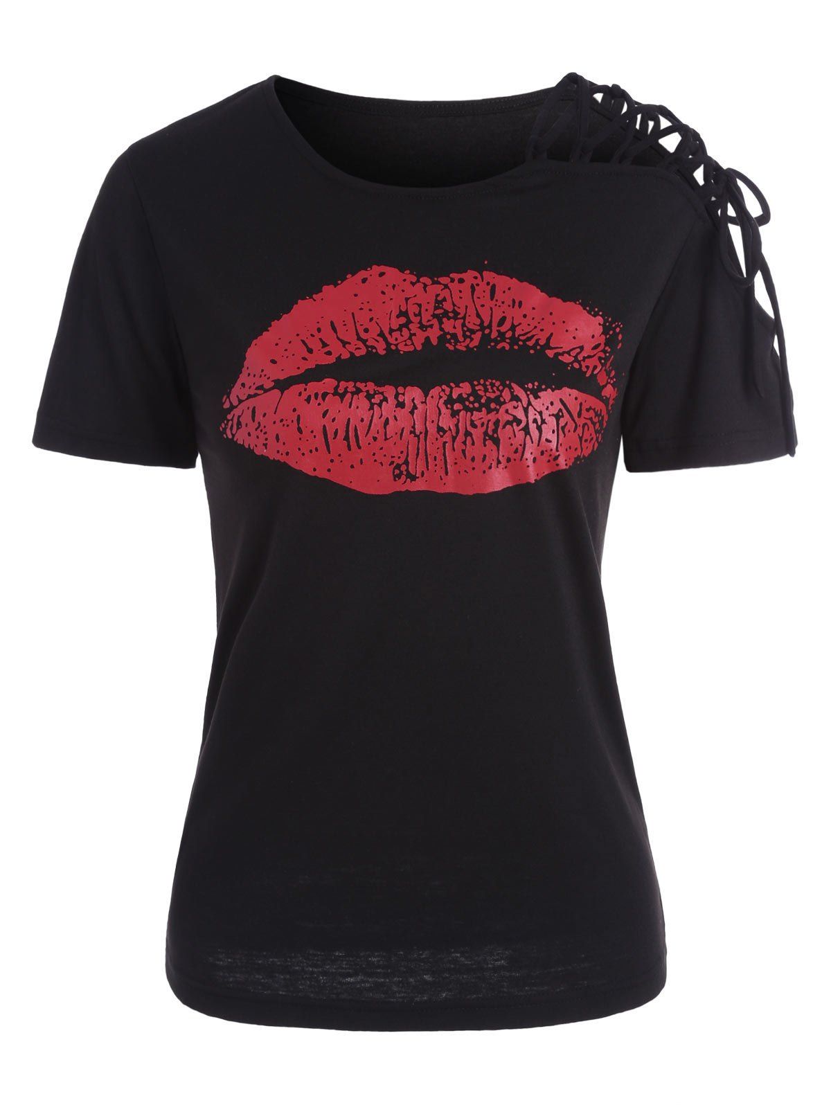 

Open Shoulder Lace Up Lip Print T Shirt, Black